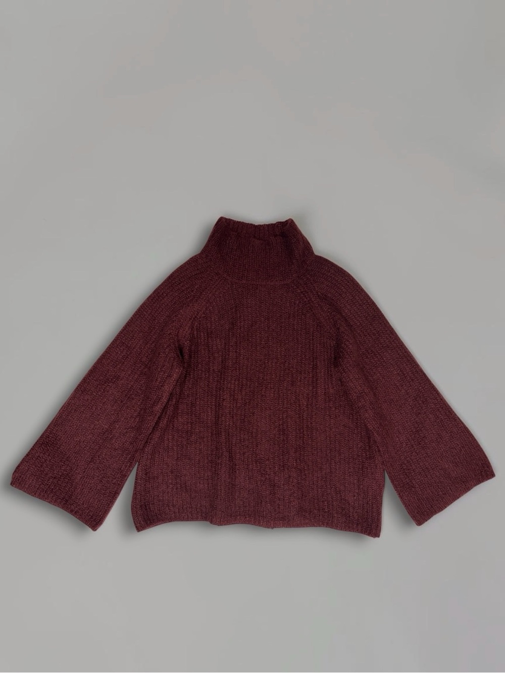 Naadam Mohair Wool Knit Mock Neck Flare Bell Sleeve Burgundy Sweater